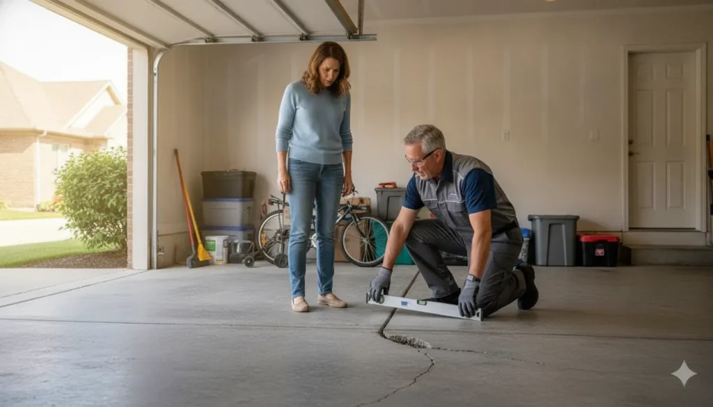 Inspector examining a slightly sunken concrete garage slab