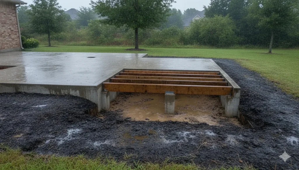 Home foundation beside moist soil and standing water during wet North Texas season