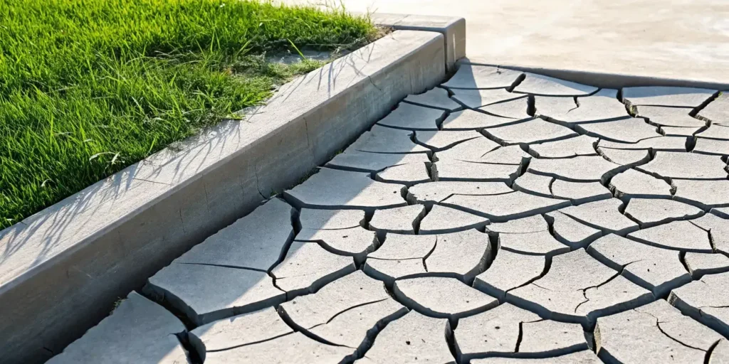 Cracked expansive clay soil beside a Texas home foundation, showing shrink-swell ground movement