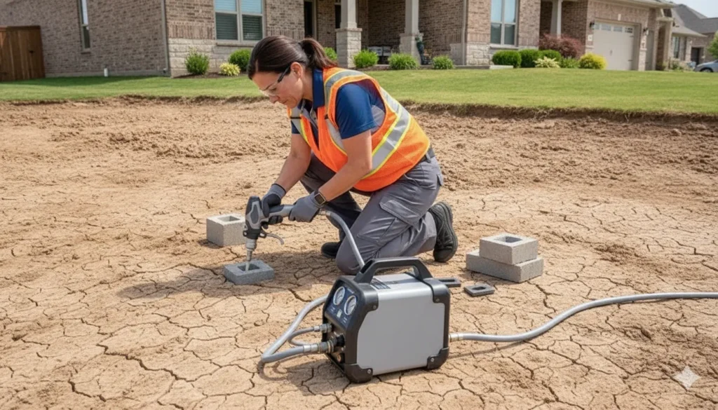 Foundation repair technician leveling concrete piers beside a North Texas home foundation in dry clay soil