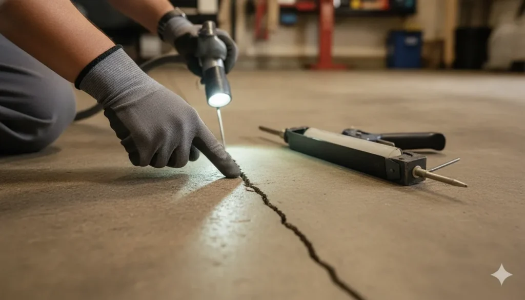 Professional technician inspecting a crack in an interior concrete garage floor