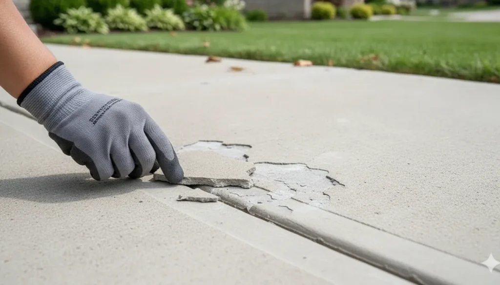 Close-up of a spalled concrete patio surface with a contractor's gloved hand inspecting the flaking surface