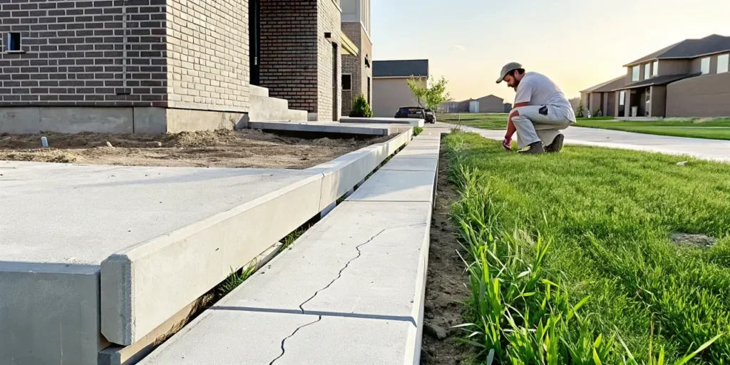 Foundation inspector examining the concrete slab edge of a new North Texas home on expansive clay soil