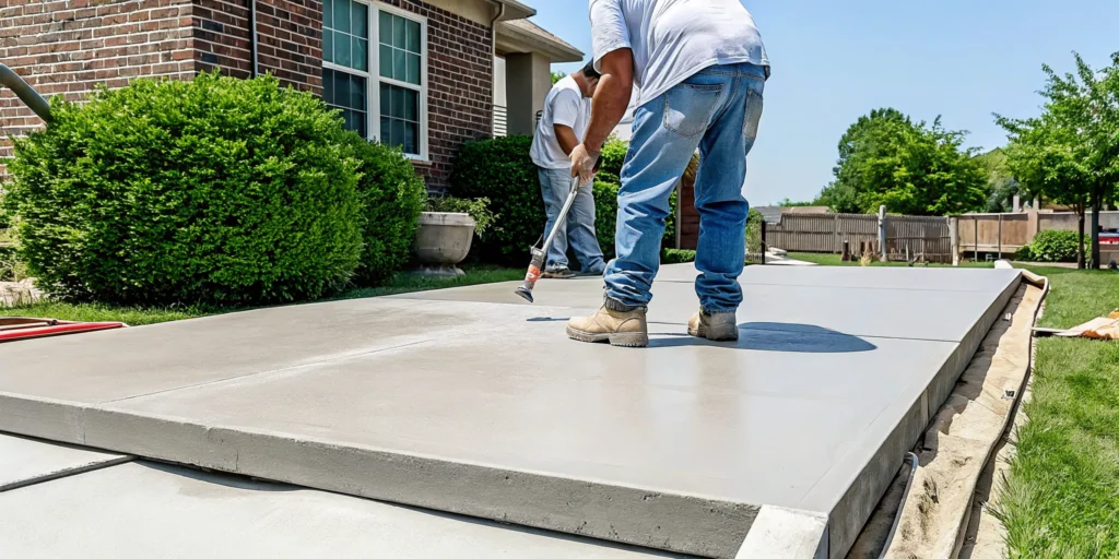 Technician leveling a sunken residential concrete driveway in Dallas-Fort Worth with PolyLevel polyurethane foam injection