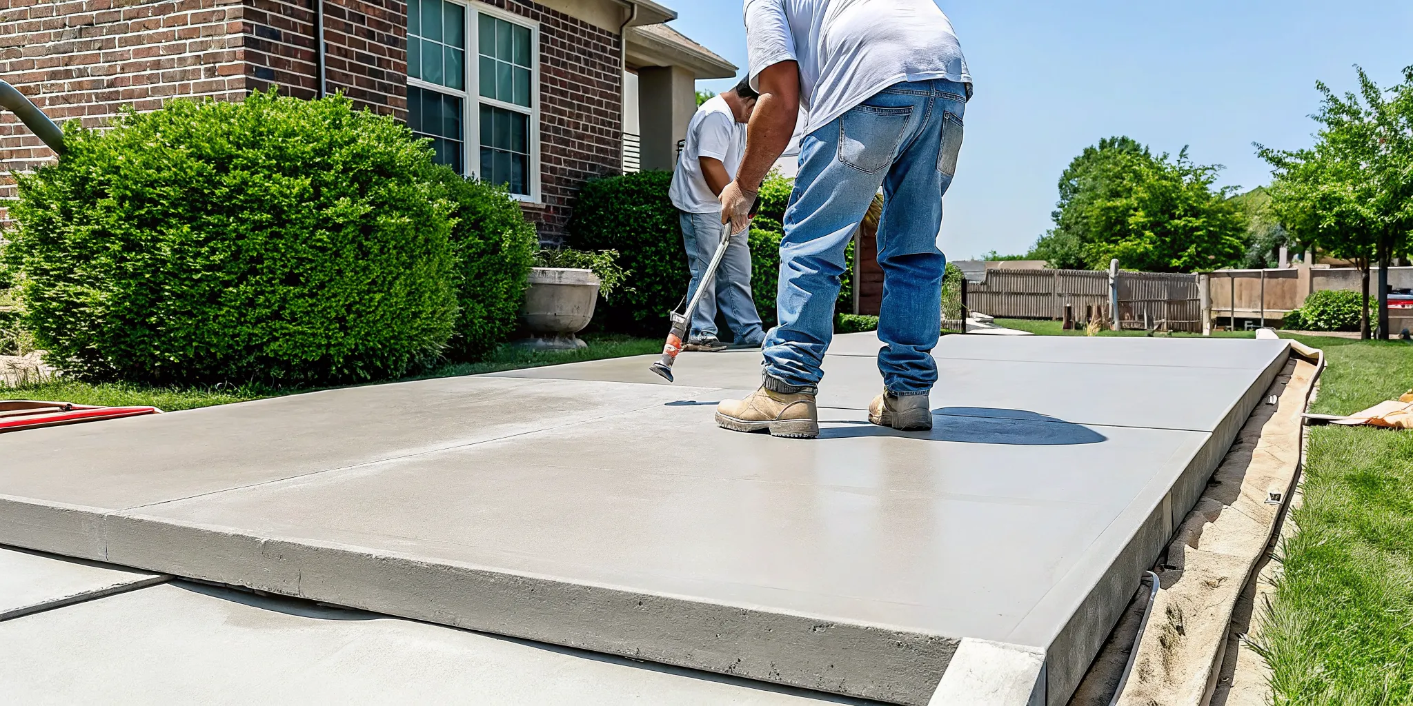 Technician leveling a sunken residential concrete driveway in Dallas-Fort Worth with PolyLevel polyurethane foam injection