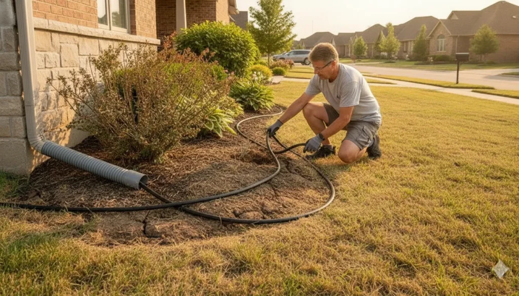 Homeowner managing soil moisture around a North Texas foundation during drought