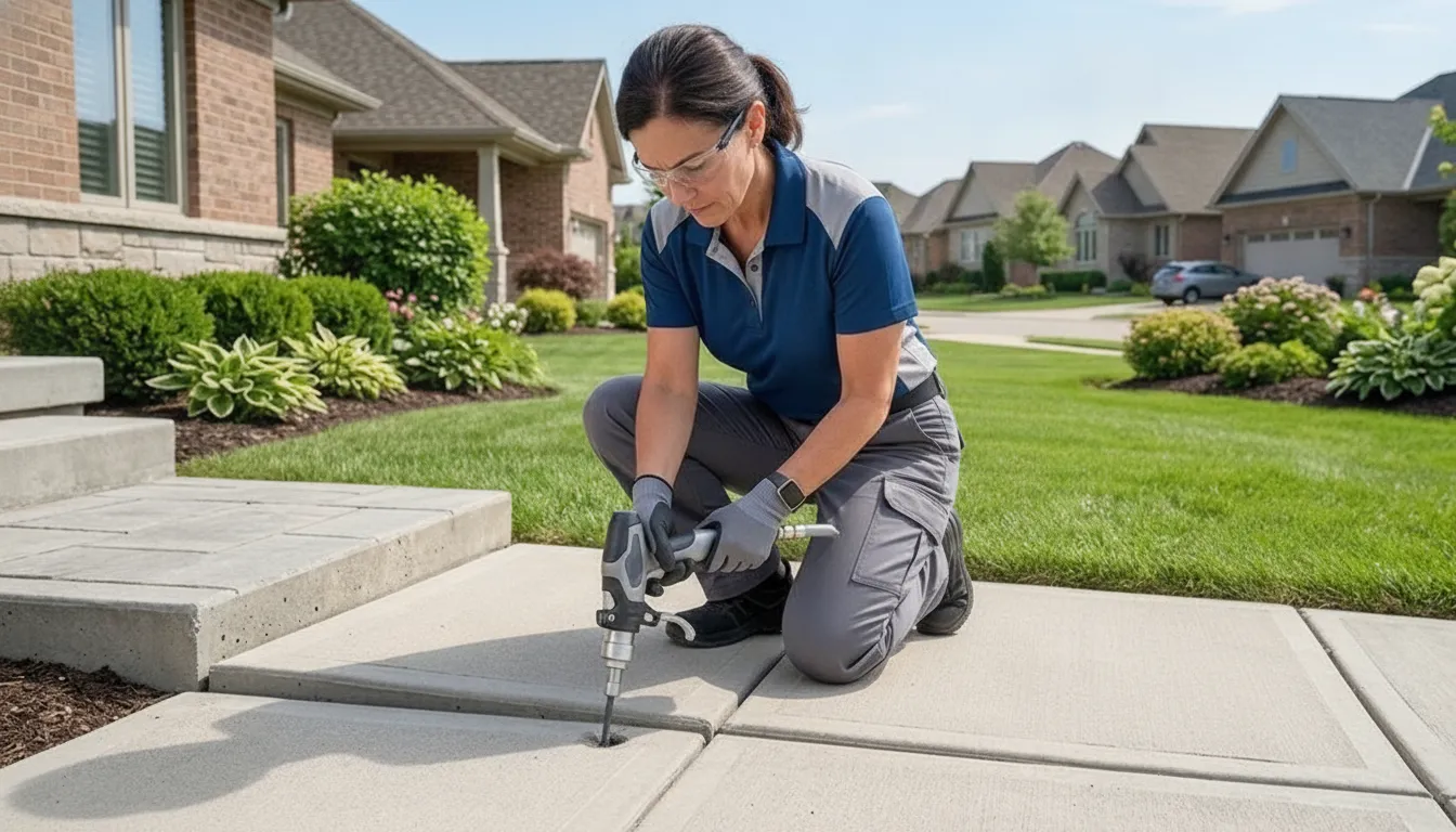 Homeowner applying crack filler to a hairline crack in a concrete driveway
