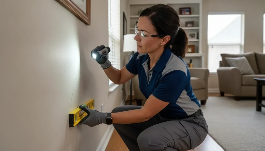 Professional foundation inspector examining a wall crack in a North Texas home