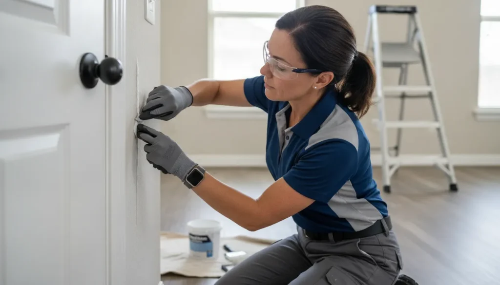 Technician smoothing caulk and paint along drywall and door trim inside a Dallas-area home after foundation repair