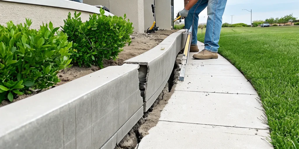Contractor inspecting a cracked and bowing concrete retaining wall beside a North Texas home