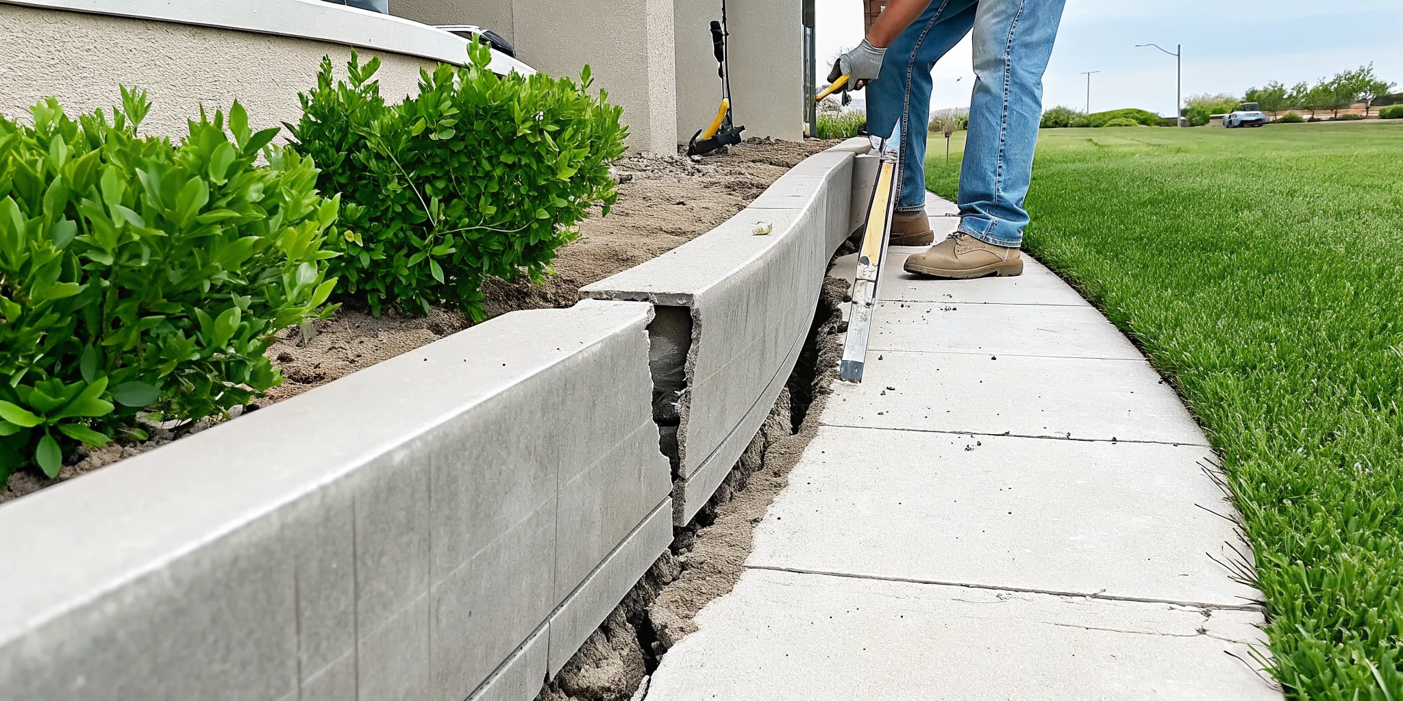 Contractor inspecting a cracked and bowing concrete retaining wall beside a North Texas home