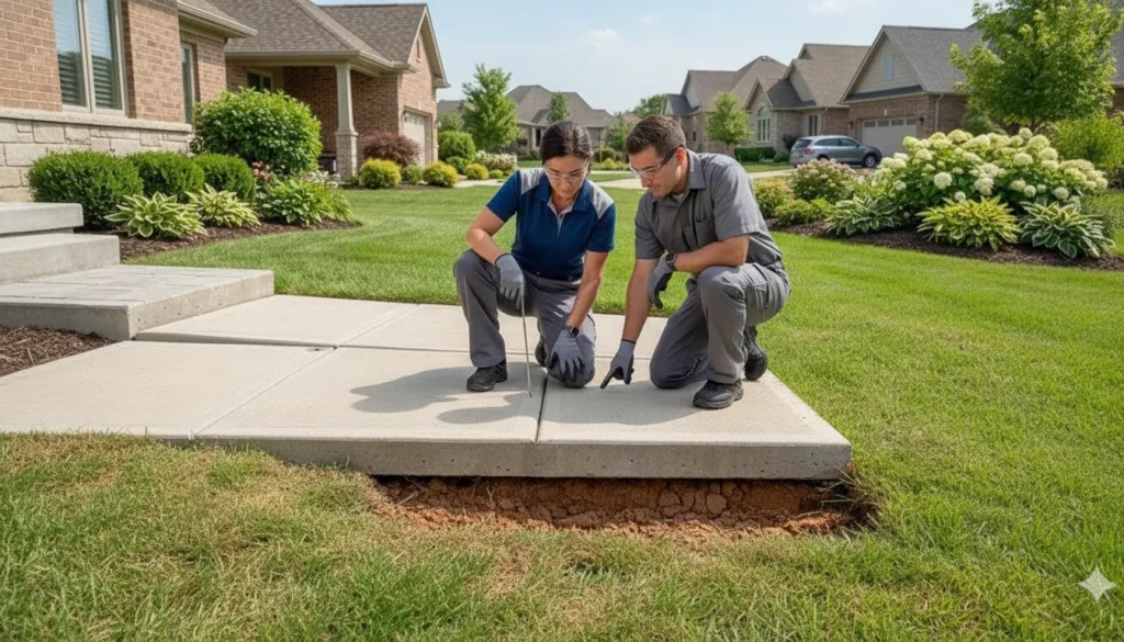 Technicians inspecting a settled concrete patio slab
