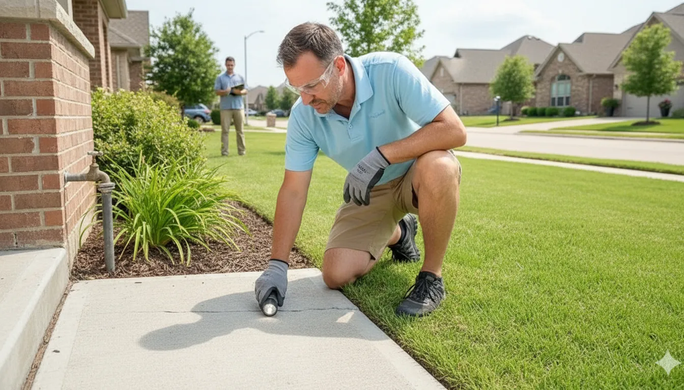 Homeowner kneeling beside a concrete slab foundation inspecting a hairline crack in the concrete