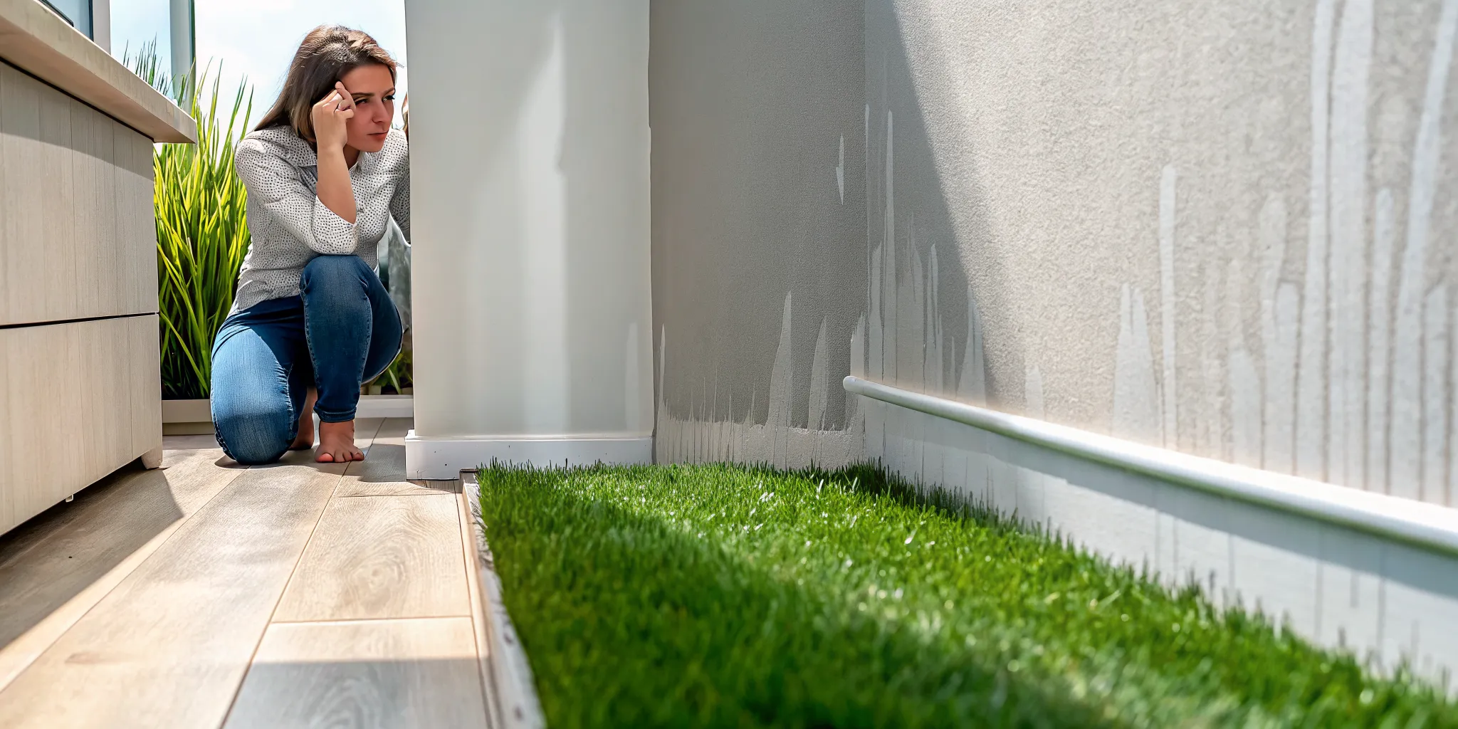 Homeowner inspecting a warm, slightly damp spot on flooring near a wall for possible slab leak signs