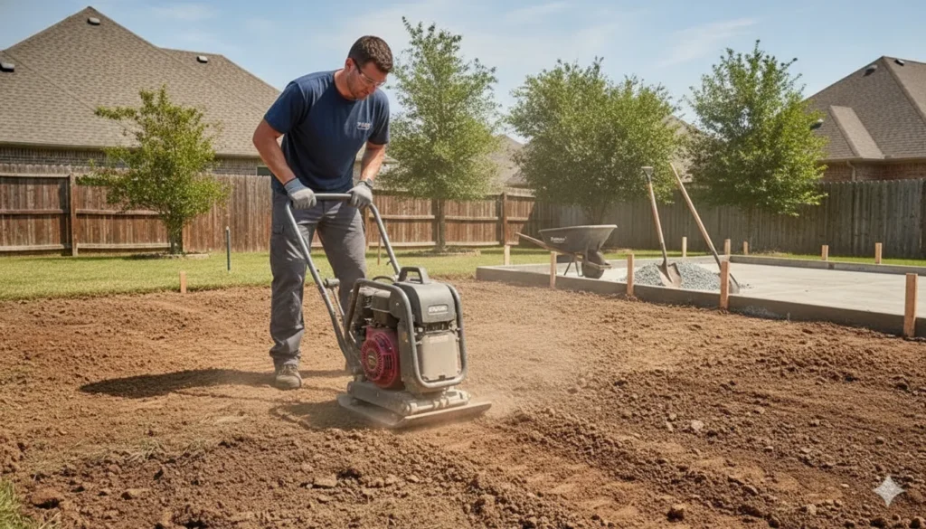 Worker compacting soil with a plate compactor before pouring a concrete patio