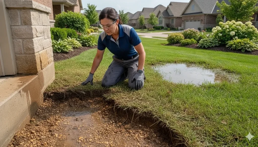 Water runoff carving a channel in soil beside an exposed concrete home foundation