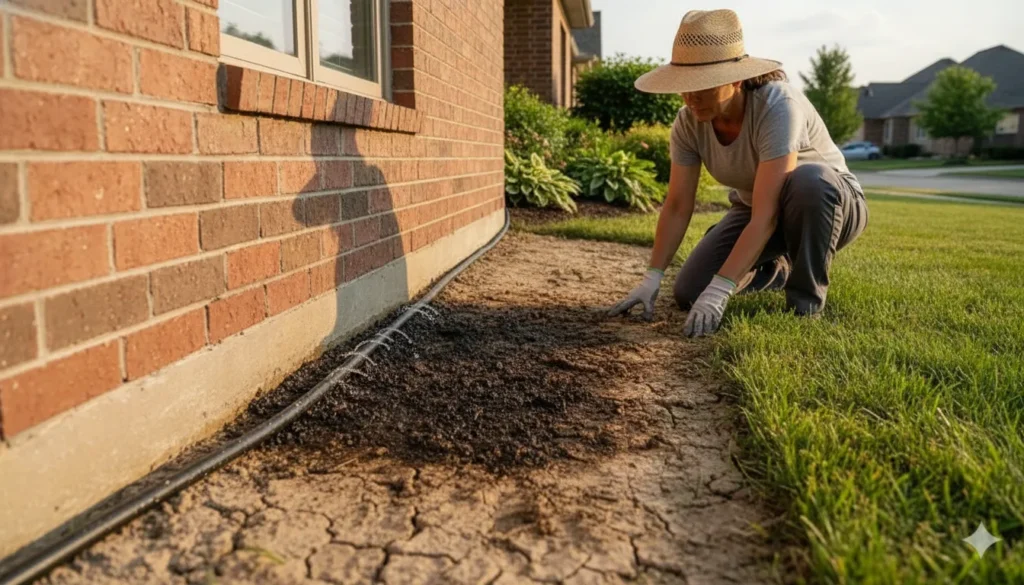 Soaker hose watering the soil along a North Texas home foundation in summer