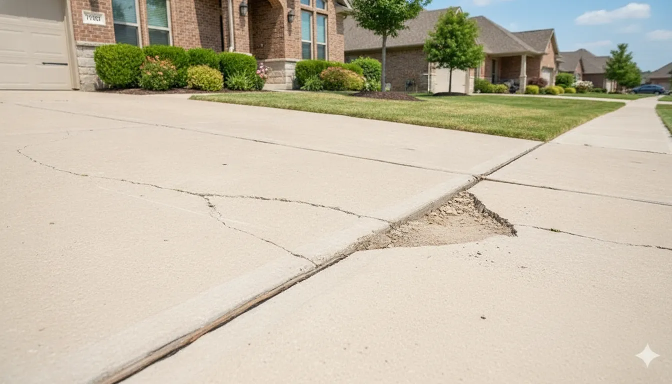 Settled concrete driveway and sidewalk slabs in a Dallas-Fort Worth home