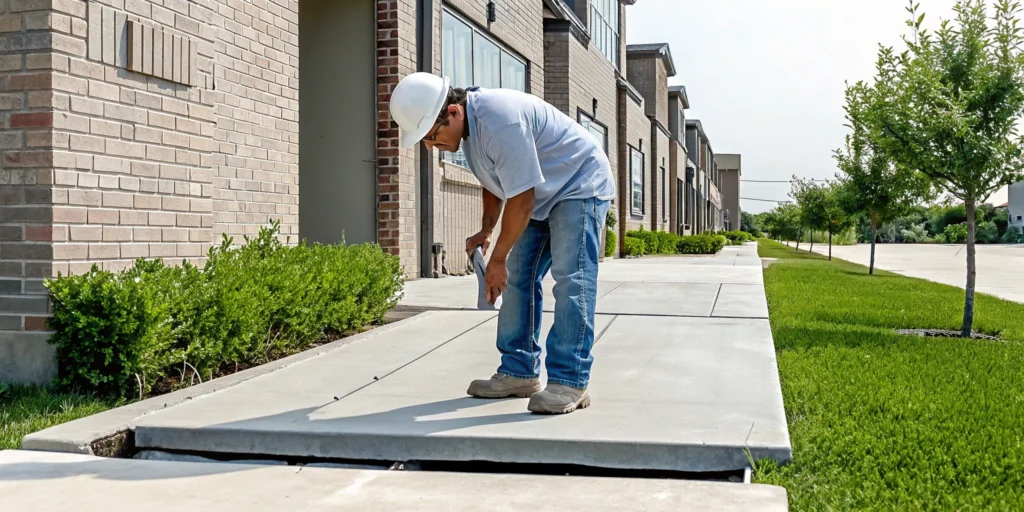 Foundation repair technician inspecting a settling shared slab under attached Dallas townhomes