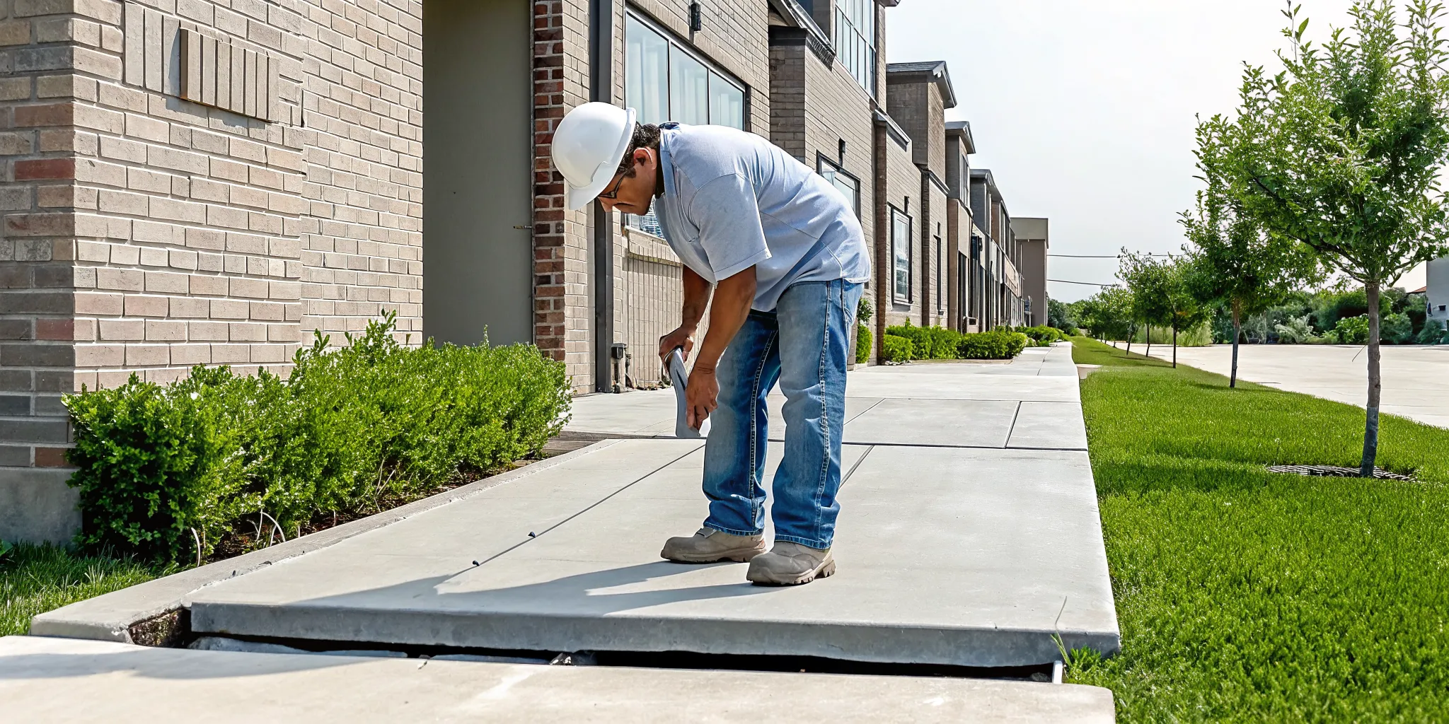 Foundation repair technician inspecting a settling shared slab under attached Dallas townhomes