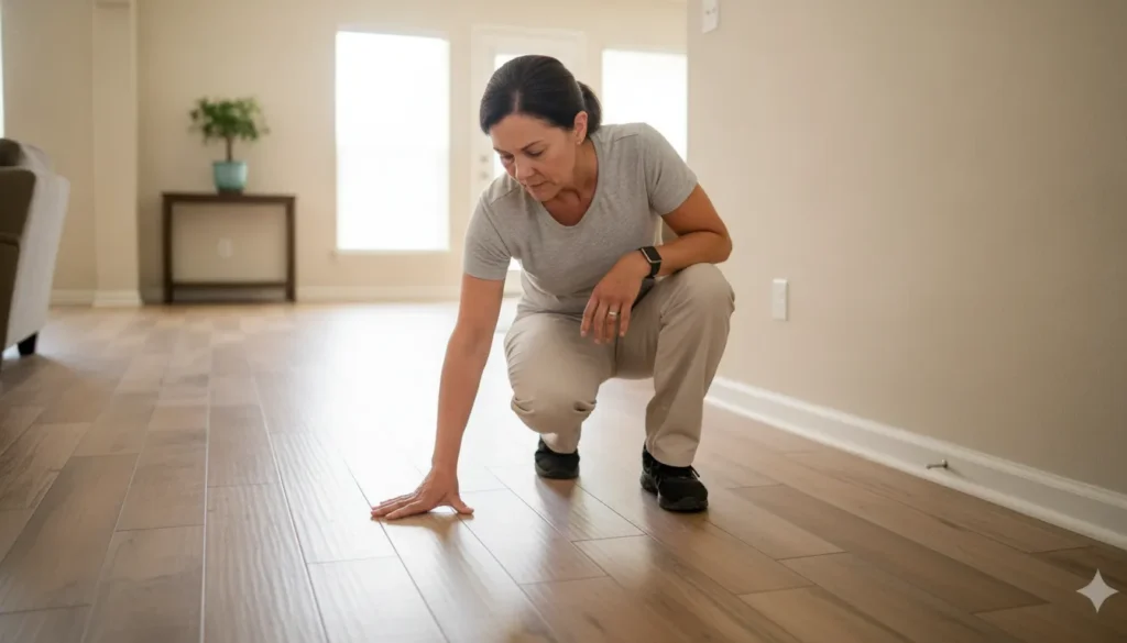 Homeowner inspecting a slightly sloping wood floor in a bright North Texas living room