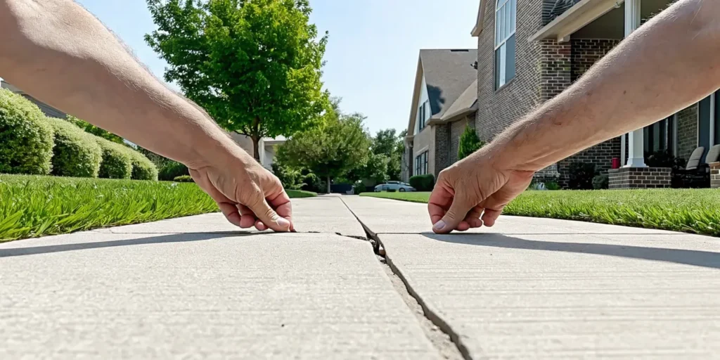 Homeowner inspecting a hairline crack in a concrete driveway